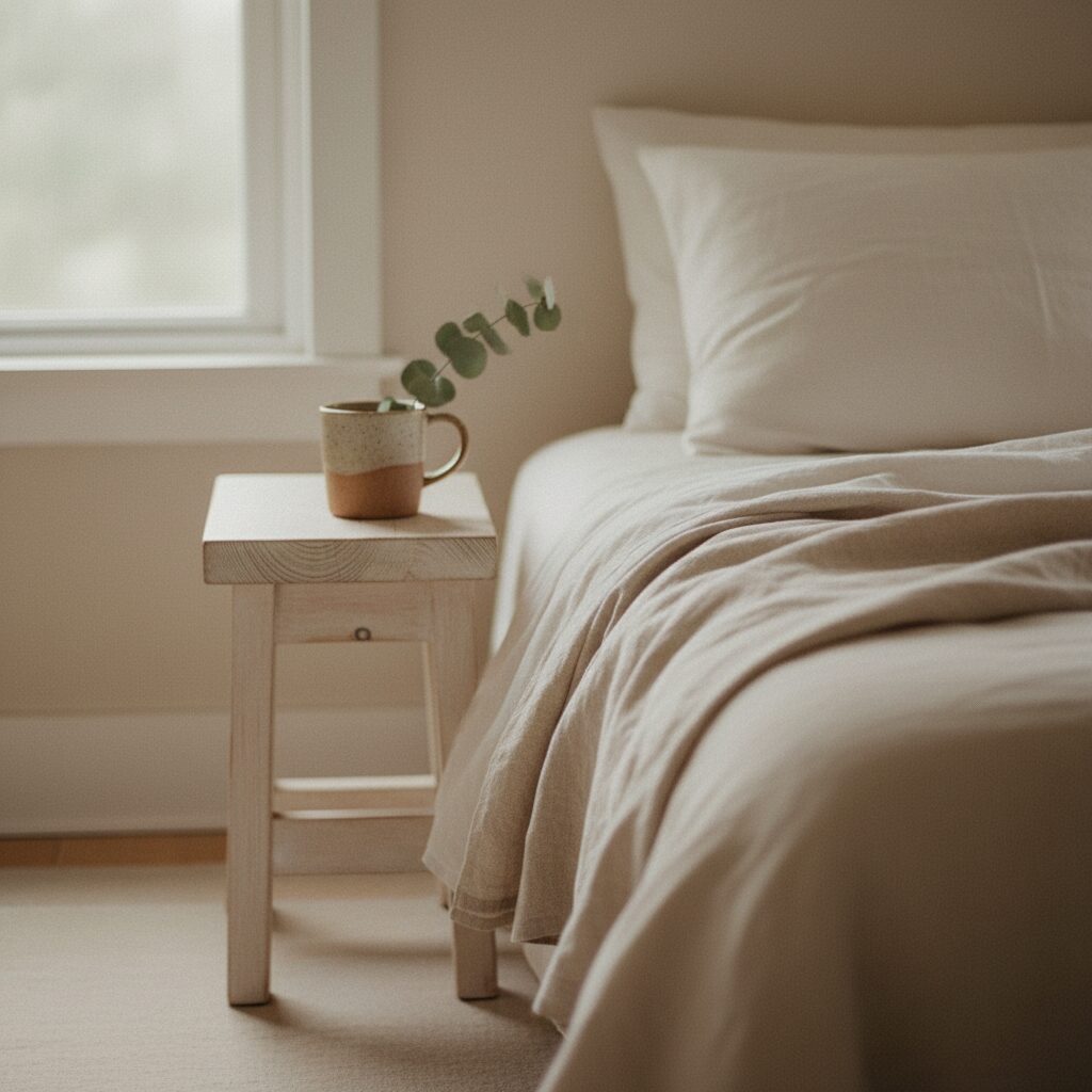 Linen throw and stoneware mug on a bed