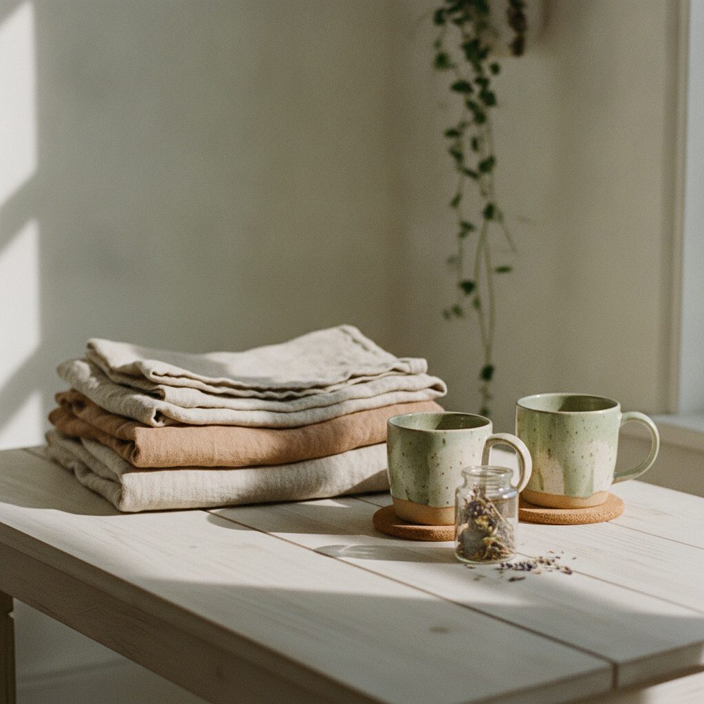 Folded linen and ceramics on a table